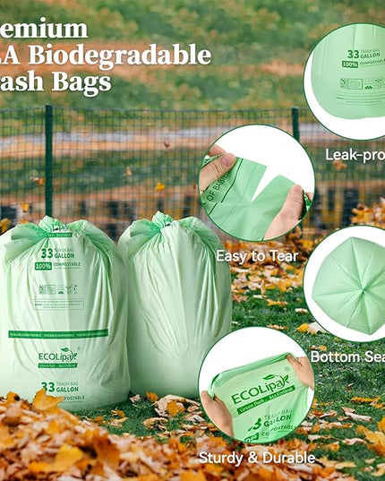 ECOLipak 33 Gallon Compostable Trash Garbage Bags, 25 Count (1 Roll) Biodegradable Heavy Duty Large Outdoor Trash Bags for Lawn/Yard, US BPI ASTM D6400 and OK Compost Home Certified