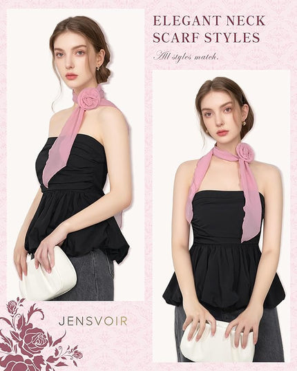 Chiffon Scarf for Women, Removable Flower Neck Scarf Light Soft Fashion Rose Scarves Versatile Headband or Hair Band