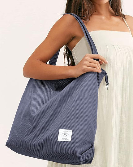 KALIDI Women Corduroy Tote Bag Zipper Casual Tote's Handbag Big Capacity Shoulder Bag with Pockets