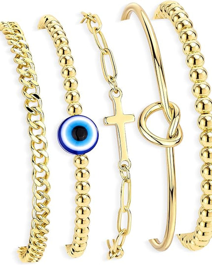 Gold Bracelets Set for Women Stack, Dainty Thick Bracelets Stack for Women Trendy, Simple Thin Gold Plated Cuff Stackable Bracelets With Beaded Cuban Paperclip Snake Rope Bangle Hand Chain Jewelry Gifts for Women Non Tainish