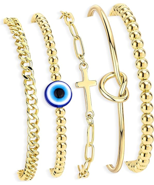 Gold Bracelets Set for Women Stack, Dainty Thick Bracelets Stack for Women Trendy, Simple Thin Gold Plated Cuff Stackable Bracelets With Beaded Cuban Paperclip Snake Rope Bangle Hand Chain Jewelry Gifts for Women Non Tainish