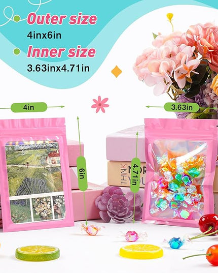 Funfery 300 Pack Smell Proof Resealable Bags for Food Storage,Holographic Bags 4x6 Pink Mylar Clear Packaging Bag- Scent Proof for Cookies, Zip Foil Pouch for Small Business