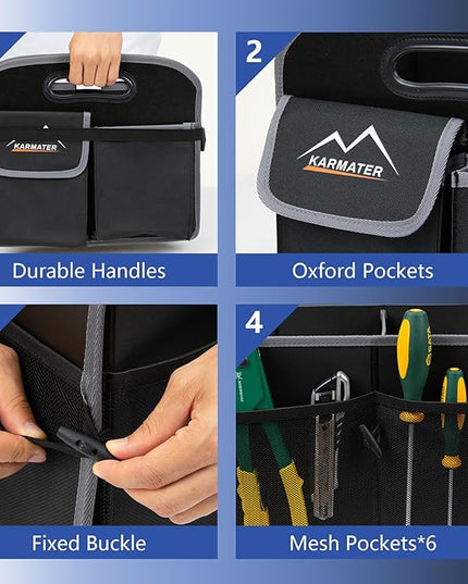 M KARMATER Car Trunk Organizer,Machine Washable PP Materials 3 Compartments Car Storage,95L Waterproof Polyester Cars Accessories Organizer and 6 Pockets, Suitable for SUV, Minivan, Truck(Black)