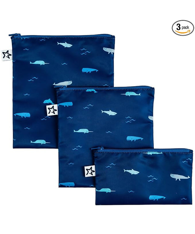 Tiny Twinkle Reusable Snack Bags for Kids – 3 Pack Snack Pouches & Sandwich Bag for Toddlers – Machine Washable, Mess-Proof for Lunch & Travel (Ocean)