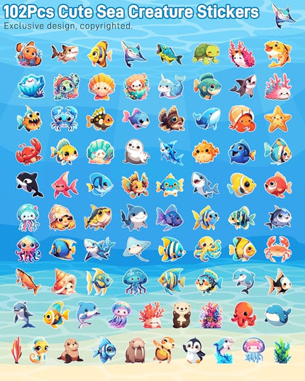 100 Pcs Cartoon Ocean Animal Stickers Pack for Kids Teens Adults,Cute Sea Life Waterproof Vinyl Decals Under The Sea Fish Turtle Stickers for Water Bottles Ocean Theme Party Favors Teacher Rewards