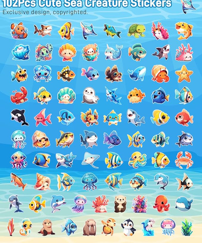 100 Pcs Cartoon Ocean Animal Stickers Pack for Kids Teens Adults,Cute Sea Life Waterproof Vinyl Decals Under The Sea Fish Turtle Stickers for Water Bottles Ocean Theme Party Favors Teacher Rewards