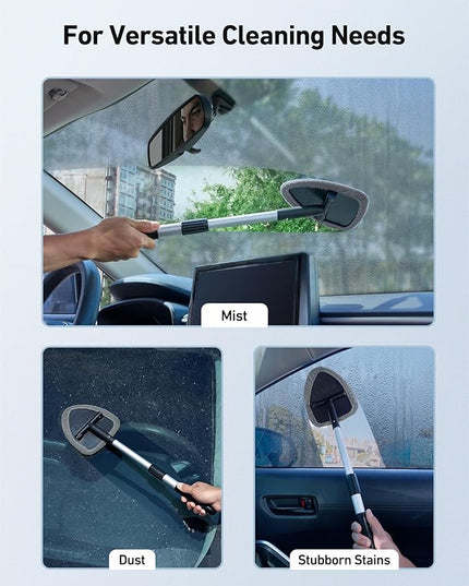 AstroAI Windshield Cleaner Tool, Car Interior Window Detailing Cleaning Kit with Extendable Handle and 4 Easy-to-Install Reusable Microfiber Pads, Auto Glass Wiper Brush Kit for Car&Home, Gray, 21in