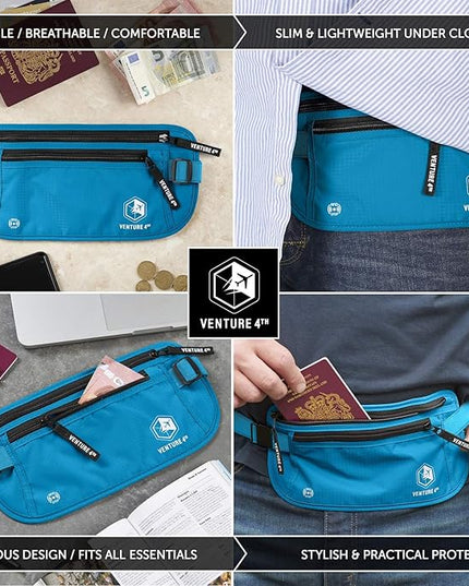 VENTURE 4TH Travel Money Belt - Slim Passport Holder RFID Blocking Travel Pouch to Protect Cash, Credit Cards and Travel Documents (Blue)