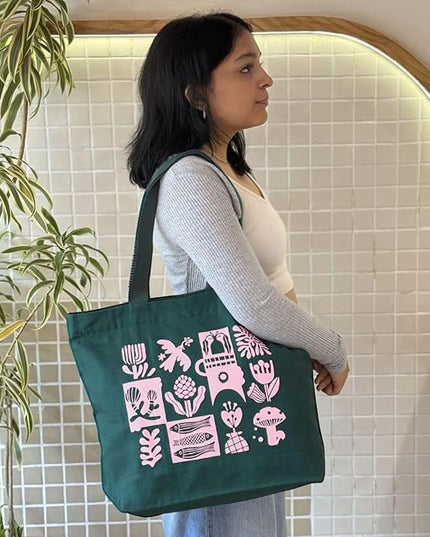 Ecoright Aesthetic Canvas Tote Bag for Women Large Zipper Tote Bags with Pocket, Womens Tote Bag for Yoga, Work, Beach