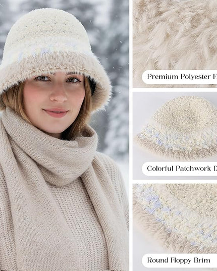 YI HENG MEI Women Knit Bucket Hat, Fluffy Winter Fisherman Hat Fuzzy Soft Warm Beanie Caps Women Cloche Caps Warm Bowler Hats