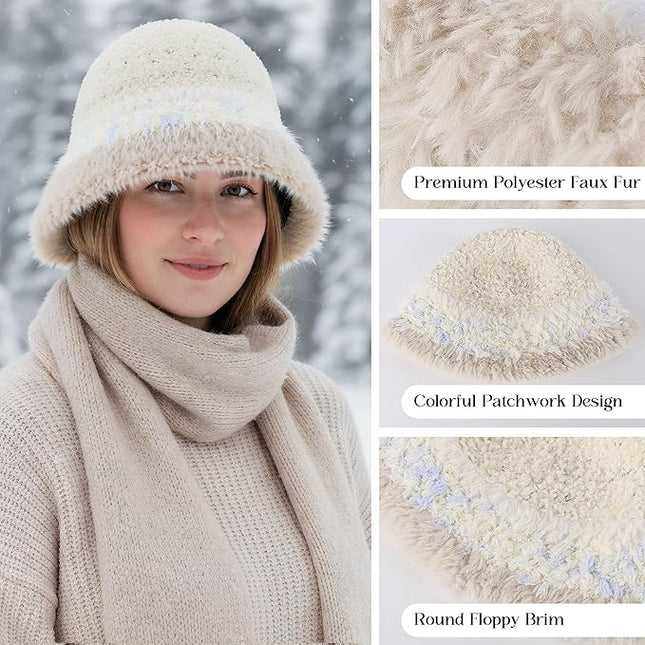 YI HENG MEI Women Knit Bucket Hat, Fluffy Winter Fisherman Hat Fuzzy Soft Warm Beanie Caps Women Cloche Caps Warm Bowler Hats