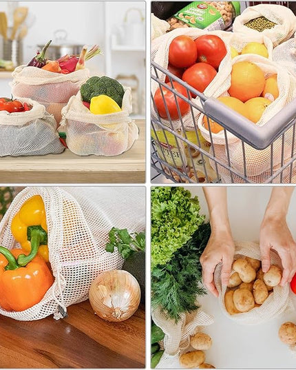 Reusable Produce Bags - Organic Cotton Mesh Bags with Drawstring for Onions, Vegetables & Fruit (12 Pack)