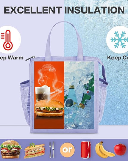 Fmeida Insulated Lunch Bag Women, Simple Lunch Tote Bags, Waterproof Thermal Cooler Lunch Bag, Reusable Adult Lunch Box Bag for Women | Large Purple, Front&Side Pockets