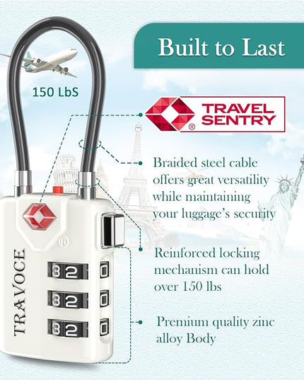 Search Alert TSA Approved Travel Combination Luggage Cable Locks for Suitcase, Gym Locker,Toolbox,Backpack 1,2,4,6 &10 pk (White 4 Pack)