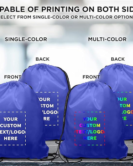 DISCOUNT PROMOS Custom Classic Polyester Drawstring Bagpack Set of 10/50/100, Personalized Bulk Pack - Great for Travelling, Gym and for Everyday Use - Royal Blue