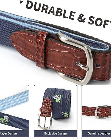 Mile High Life Golf Belts for Men, Canvas Belt with Genuine Leather Tips, Embroidered 2 Layer Web Belt with Pin Buckle
