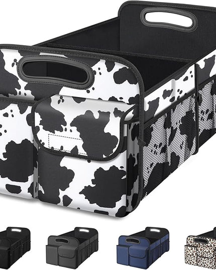 Femuar Car Trunk Organizer, Cow Print, Vintage Style, 52L Capacity, 4 Compartments, Waterproof, Non-Slip, Collapsible, 22.5"D x 18"W x 10.8"H