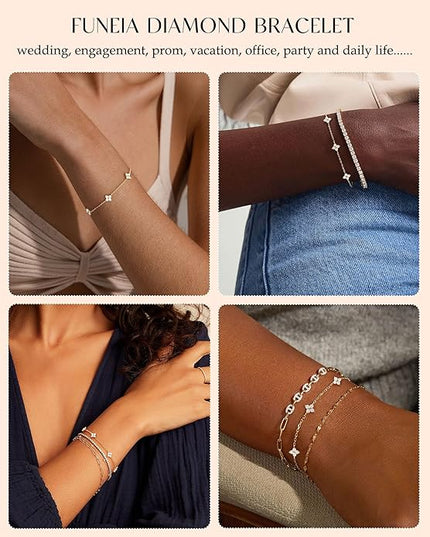 FUNEIA Dainty Silver Gold Bracelets for Women Trendy Non Tarnish 14K Gold Plated Waterproof Diamond Bracelets Cute Stackable Heart Butterfly Clover Cross Evil Eye Charm Bracelet Stack Jewelry Gifts