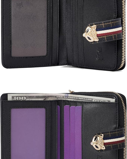 FOXLOVER Genuine Leather Zip Small Wallet Women RFID Blocking Credit Card Bifold Wallet Business Card Holder with ID Window(Black)