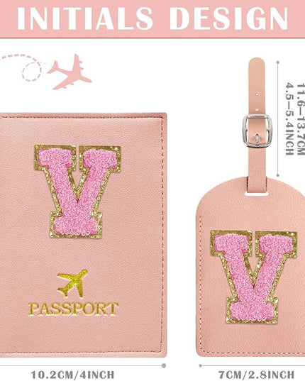 COSHAYSOO Initial Passport Cover Luggage Tag Set Letter Passport Holder Airplane Cruise Travel Essentials Vacation Traveling Accessories Personalized Gifts for Women Teen College Girls Pink V