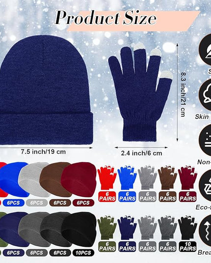 Suhine Bulk Winter Hats and Gloves Set Warm Beanie Gloves Pack Homeless Supplies for Cold Weather Charity