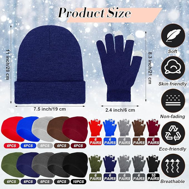 Suhine Bulk Winter Hats and Gloves Set Warm Beanie Gloves Pack Homeless Supplies for Cold Weather Charity