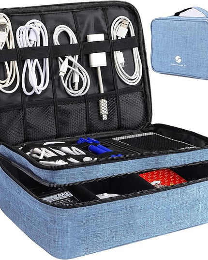Travel Electronics Organizer, Waterproof Cable Organizer Bag for Electronic Accessories Double Layer Large Shockproof Cable Storage Bag for Cord, Power Bank, Tablet(Up to iPad 11 inch) - Denim blue