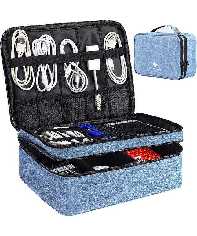 Travel Electronics Organizer, Waterproof Cable Organizer Bag for Electronic Accessories Double Layer Large Shockproof Cable Storage Bag for Cord, Power Bank, Tablet(Up to iPad 11 inch) - Denim blue