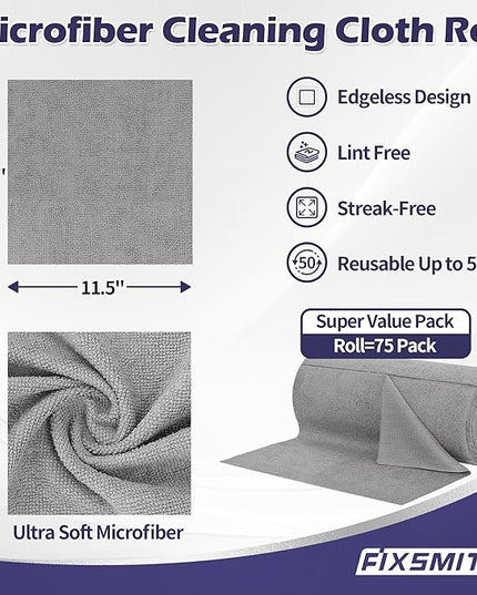 FIXSMITH Microfiber Cleaning Cloth Roll -75 Pack, Microfiber Towel Roll Tear Away, Reusable Cleaning Rags, Microfiber Towels for Cars, Dish Rags Dust Cloths for Kitchen, Home, Auto 11.5 x 11.5 inch