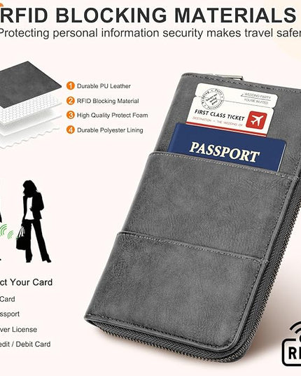 Family Passport Holder Wallet with Zipper, RFID Blocking Travel Document Organizer, PU Leather Passport Wallet for Women Men, Passport Cover Travel Wallet for Boarding Pass, ID, Money, Tickets