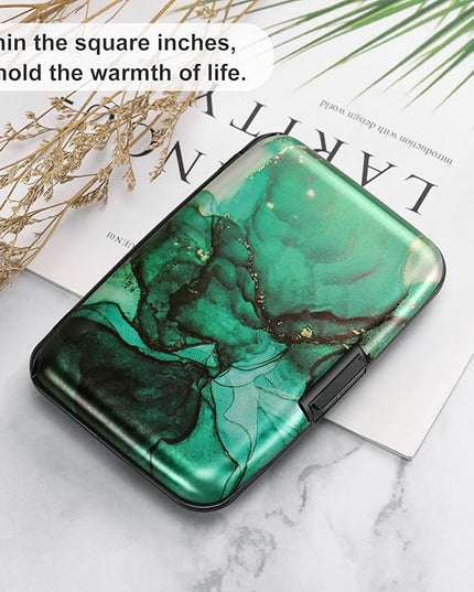 ELFISH Mini RFID Aluminum Wallet Credit Cards Holder Business Card Case Metal ID Case for Men Women (Greenblack Marble)