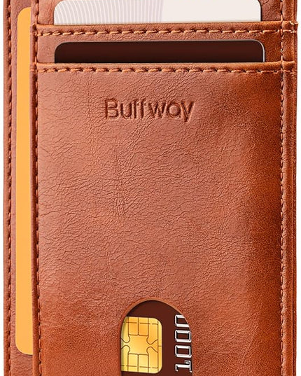 Buffway Slim Minimalist Front Pocket RFID Blocking Leather Wallets for Men and Women - Alaska Brown