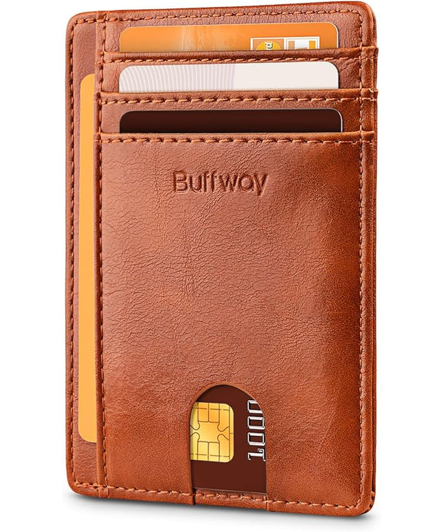 Buffway Slim Minimalist Front Pocket RFID Blocking Leather Wallets for Men and Women - Alaska Brown
