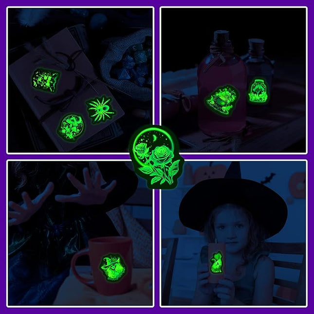 60 Pcs Glow in The Dark Neon Halloween Stickers for Kids, Waterproof Witches Magic Decals for Water Bottle, Vinyl Laptop Decor for Teens Girls Boys, Students Classroom Prizes