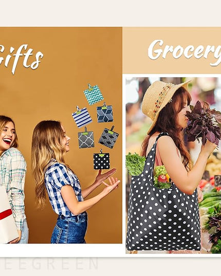 BeeGreen Grocery Bags | Reusable Gift Bags, Large Tote for Women & Foldable Beach Bag - 6 Pack Reusable Bag With Handles | Collapsible Cute Cloth Storage for Market, Holiday & Shopping | Washable