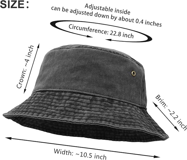 Bucket Hat, Wide Brim Washed Denim Cotton Outdoor Sun Hat Flat Top Cap for Fishing Hiking Beach Sports