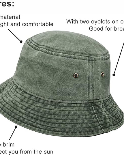 Bucket Hat, Wide Brim Washed Denim Cotton Outdoor Sun Hat Flat Top Cap for Fishing Hiking Beach Sports
