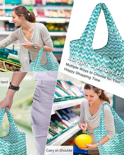 BeeGreen Reusable Grocery Bags Lightweight Durable Shopping Bags Washable Foldable 12 Pack Xlarge Classic Geometric Design Gift Tote Grocery Bags with Elastic Band and Separated Zipper Storage Pouch