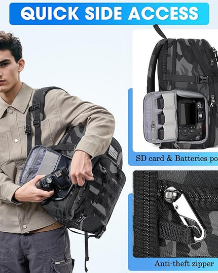 SDYSM Camera Backpack Bag Professional for DSLR/SLR Mirrorless Camera Waterproof 15.6 inch Tactical Camera Bags for Photographers with Rain Cover, Tripod Holder, Small Bag Photography Backpack Case