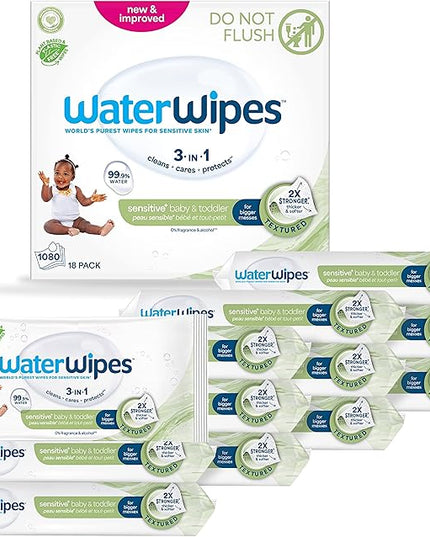 WaterWipes Sensitive+ Baby & Toddler Wipes, 3-In-1 Cleans, Cares, Protects, 99.9% Water, Textured Clean, Unscented & Hypoallergenic, 1080 Count (18 Packs)