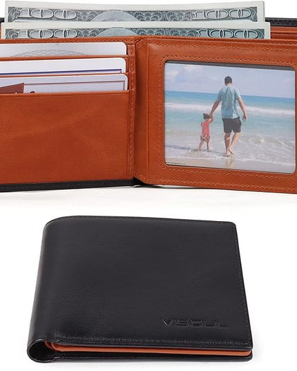 VISOUL Mens Bifold Wallet with 2 ID Windows and 2 Money Compartments, Genuine Leather Designer Wallet with RFID Blocking, Stylish Two-tone Back Wallet for Men (Black and Orange)