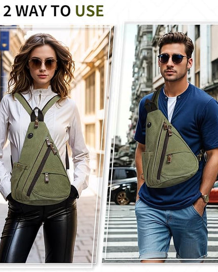 Vintage Canvas Sling Bag with Genuine Leather Zipper, 3 in 1 Crossbody, Backpack, and Chest Bag, for Travel, Hiking, 16x10x6 Inches, Green
