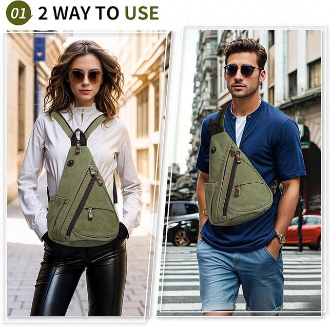 Vintage Canvas Sling Bag with Genuine Leather Zipper, 3 in 1 Crossbody, Backpack, and Chest Bag, for Travel, Hiking, 16x10x6 Inches, Green