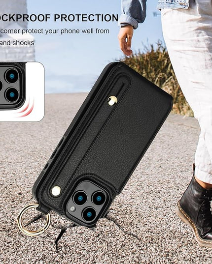 Folosu for iPhone 16 Pro Max Wallet Case with Card Holder, Hand Wrist Strap Loop Holder Kickstand, RFID Blocking Finger Grip Ring PU Leather Double Buttons Shockproof Cover 6.9" Black