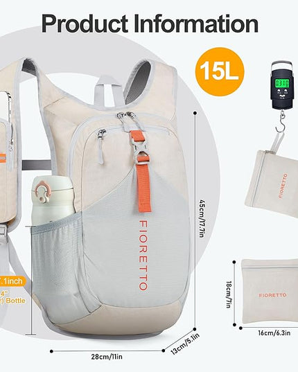 FIORETTO 15L Hiking Backpack for Women Men Mini Packable Backpack Lightweight Small Daypack for Camping Travel Outdoor, Beige