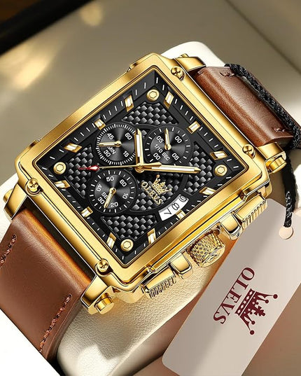 OLEVS Men's Chronograph Leather Watch, Big Face Easy to Read Analog Quartz Dress Watch, Casual Waterproof Luminous Hands Date Watches for Men, White/Blue/Black/Gold Dial