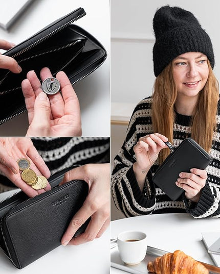 BERLINER BAGS Premium Genuine Leather Wallet Margo, RFID Blocking Credit Card Holder, Slim Womens Wallet, Zip Around Wallet for 13 Cards and ID window, Bills, Coins - Black