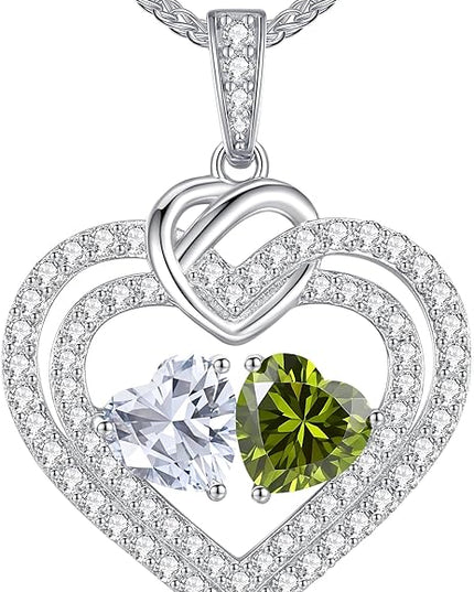 LOUISA SECRET Sparkling Double Heart Birthstone Necklaces for Women, 925 Sterling Silver Fine Jewelry, Pendant Heart Necklaces Birthday Anniversary Christmas Gift for Women Wife Mom Girlfriend Lady