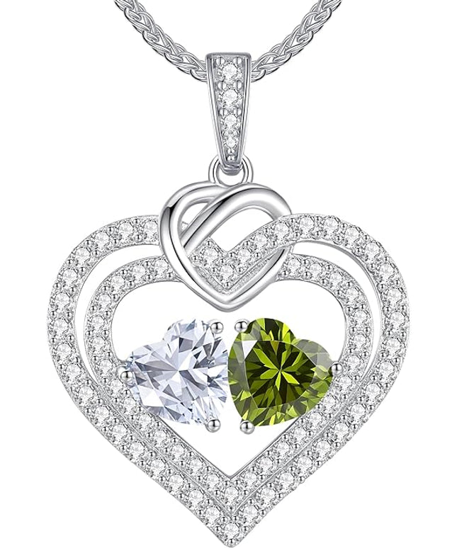 LOUISA SECRET Sparkling Double Heart Birthstone Necklaces for Women, 925 Sterling Silver Fine Jewelry, Pendant Heart Necklaces Birthday Anniversary Christmas Gift for Women Wife Mom Girlfriend Lady