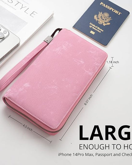 Bveyzi Women RFID Blocking Wallet Leather Zip Around Phone Clutch Large Capacity Ladies Travel Purse Wristlet | RFID Blocking, Zip Around, Large Capacity